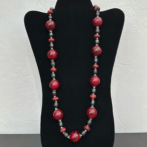 Red w/Black Glass Beads & Black Simulated Pearl Vintage Necklace
